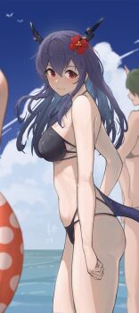 1girl 2girls absurdres alternate_costume arknights bare_shoulders bikini bird black_bikini black_horns blue_hair blue_sky blurry blurry_background blush breasts ch&#039;en_(arknights) chinese_commentary closed_mouth commentary_request cowboy_shot dragon_girl dragon_horns dragon_tail flower green_hair hair_between_eyes hair_flower hair_ornament highres horns hoshiguma_(arknights) large_breasts light_smile long_hair looking_at_viewer multi-strapped_bikini_bottom multiple_girls ocean red_eyes seagull sidelocks signature single_horn skin-covered_horns sky standing swimsuit tail taoxisama wet