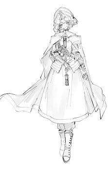 Rule 34 | boots, cape, chinese commentary, club (weapon), commentary request, gauntlets, greyscale, hat, head tilt, highres, holding, holding club, holding weapon, lineart, long skirt, looking at viewer, marsha (reverse:1999), mole, mole under eye, monochrome, pants, pants under skirt, reverse:1999, shirt, short hair, skirt, smile, standing, two-handed, wan'an xiao mao, weapon