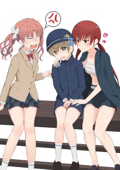 Rule 34 | 1boy, 2024, 20s, 2girls, age difference, alternate breast size (smaller), anger vein, assertive female, black jacket, blazer, blue jacket, blue shorts, bow, bowtie, breasts, brown eyes, brown hair, brown jacket, chest sarashi, commission, gakuran, grey skirt, hair bow, hand on another's shoulder, hand on another's thigh, highres, jacket, jacket on shoulders, k3rd, kirigaoka girls' academy school uniform, kneehighs, long hair, long sleeves, miyama shaei, multiple girls, musujime awaki, onee-shota, open clothes, open jacket, pixiv commission, plaid clothes, plaid skirt, red bow, red bowtie, red eyes, red hair, sarashi, scared, school uniform, shirai kuroko, short hair, short shorts, shorts, sitting, skirt, small breasts, socks, spoken anger vein, summer uniform, teenage girl and younger boy, toaru kagaku no railgun, toaru kagaku no railgun t, toaru majutsu no index, tokiwadai school uniform, twintails, white background, white bow, white socks, winter uniform