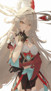 1girl absurdres alice_(genshin_impact) black_gloves blonde_hair breasts cleavage commentary_request cowlick dress genshin_impact gloves gold_halo hat highres large_breasts long_hair looking_at_viewer lupinu5 orange_eyes pointy_ears red_dress simple_background smile solo very_long_hair white_background witch_hat