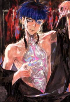 1boy absurdres black_choker black_hair black_haori blue_hair body_horror choker cracked_skin earrings eye_print eyepatch face_piercing gem grey_eyes grey_kimono haori highres holding holding_scalpel japanese_clothes jewelry kimono labret_piercing male_focus multicolored_hair necklace omokage_yugamu organs oyster pearl_(gemstone) piercing print_eyepatch scalpel short_hair smile the_hundred_line_-last_defense_academy- tsugeriaki undressing