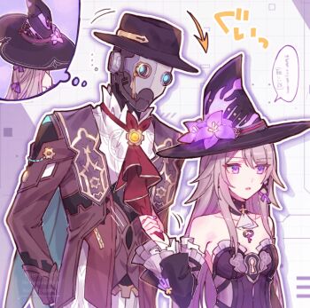 1boy 1girl armor arrow_(symbol) ascot bare_shoulders black_armor black_dress black_gloves black_hat black_sleeves bow breasts brown_hair brown_jacket brown_vest cleavage_cutout clothing_cutout detached_sleeves dress flower frills gears gem gloves gradient_hair hair_between_eyes hair_bow hair_ornament hand_up hat hat_flower hat_ornament herta_(honkai:_star_rail) highres honkai:_star_rail honkai_(series) jacket jewelry key key_necklace long_hair long_sleeves looking_to_the_side medium_breasts monocle multicolored_hair necklace open_clothes open_jacket open_mouth pendant purple_bow purple_flower purple_hair red_ascot robot screwllum_(honkai:_star_rail) shadow shirt sidelocks simple_background sleeveless sleeveless_dress sorimachi-doufu speech_bubble strapless strapless_dress tassel the_herta_(honkai:_star_rail) thought_bubble translation_request upper_body vest watermark white_ascot white_background white_shirt wide_sleeves witch_hat x_hair_ornament yellow_gemstone