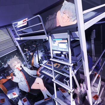2girls :d absurdly_detailed_composition absurdres amplifier animal_ear_fluff animal_ears bare_legs bed box breasts bunk_bed can cardboard_box chair computer computer_keyboard computer_mouse drink_can fang guitar headphones highres hoji_(hooooooooji1029) hood hood_down hoodie huge_filesize indoors instrument jacket keyboard_(instrument) ladder loaded_interior monitor multiple_girls nude one_eye_closed open_mouth original short_hair skin_fang sleepy smile soda_can speaker under_covers window