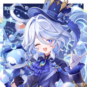 Rule 34 | 1girl, ;d, absurdres, ahoge, ascot, asymmetrical gloves, black gloves, blue ascot, blue eyes, blue gem, blue hat, blue jacket, blue pupils, blush, chinese commentary, commentary request, copyright name, drop-shaped pupils, furina (genshin impact), gem, genshin impact, gloves, hair between eyes, hands up, hat, highres, jacket, long sleeves, ly liuyue y, one eye closed, open mouth, ouji fashion, smile, solo, surintendante chevalmarin, symbol-shaped pupils, uneven gloves, upper body, white gloves, white hair