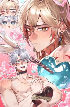 Rule 34 | 2boys, antenna hair, arrow through heart, binjung 2, black choker, blonde hair, blue eyes, blue gem, braid, choker, commentary, earrings, facial tattoo, gem, gold earrings, gradient hair, hand on own chest, highres, honkai: star rail, honkai (series), jewelry, male focus, medium hair, multicolored hair, multiple boys, mydei (honkai: star rail), neck tattoo, parted bangs, phainon (honkai: star rail), red hair, red tattoo, short hair, side braid, sun symbol, sun tattoo, tan, tattoo, toned, toned male, topless male, untranslatable commentary, white hair, yaoi, yellow eyes