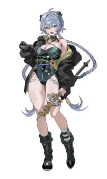 1girl absurdres animal_ears black_boots black_jacket blue_hair boots breasts cleavage commentary earrings fang full_body goat_ears goat_girl goat_horns green_eyes hair_between_eyes hand_up highres holding horns jacket jewelry knee_boots kneehighs large_breasts leotard long_hair looking_at_viewer lucia_elowen open_clothes open_jacket open_mouth single_bare_shoulder single_earring single_sock smile socks solo standing thighs white_socks zenless_zone_zero zutsuyaku