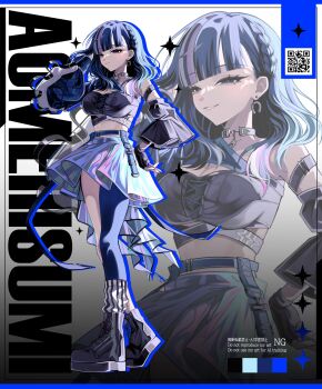 1girl 402_(o0_xxx) aoma_hisumi belt black_boots black_gloves black_shirt blue_belt blue_eyes blue_hair blue_skirt blue_thighhighs blunt_bangs boots breasts character_name choker closed_mouth color_guide commentary_request cropped_shirt detached_sleeves different_zoom_layer earrings fingerless_gloves full_body gloves grey_choker half-closed_eyes hand_up highres horseshoe_earrings jewelry large_breasts long_hair long_sleeves looking_at_viewer midriff miniskirt multicolored_hair parted_lips qr_code shirt single_detached_sleeve single_thighhigh skirt smile standing streaked_hair thighhighs valtra virtual_youtuber zoom_layer