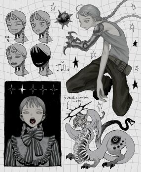 1girl black_pants braid dress full_body grey_dress grey_hair highres huyu_pm04 mechanical_arms monster_girl multiple_views open_mouth original pants solo teeth translation_request twin_braids upper_body