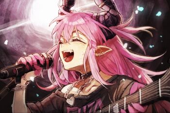 1girl black_shirt choker closed_eyes colored_fingertips curled_horns dragon_girl dragon_horns ear_piercing elizabeth_bathory_(perfect)_(first_ascension)_(fate) fangs fate/grand_order fate_(series) finger_cots guitar highres horns instrument long_hair music natori_re off_shoulder piercing pink_hair pointy_ears punk shirt singing smile solo sweat