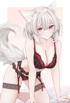 1girl alternate_costume animal_ear_fluff animal_ears blush bra breasts cleavage closed_mouth commentary fang garter_belt grey_hair highres inubashiri_momiji lace large_breasts lingerie looking_at_viewer no_headwear panties red_bra red_eyes red_panties sarasadou_dan skin_fang solo tail touhou underwear wolf_ears wolf_tail