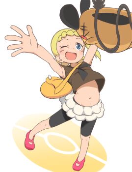 1girl ;d bike_shorts blonde_hair blue_eyes blush bonnie_(pokemon) bubukka dedenne frilled_skirt frills full_body gen_6_pokemon midriff navel nintendo one_eye_closed open_mouth pokemon pokemon_(anime) pokemon_(creature) pokemon_xy_(anime) red_footwear shoes short_hair side_ponytail skirt sleeveless smile white_skirt