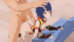 1boy 1girl 3d animated ass bare_shoulders bench black_footwear black_gloves blender_(medium) blue_hair bottomless breasts china_dress chinese_clothes doggystyle dress fingerless_gloves genshin_impact gloves hair_ornament hairclip hand_on_another&#039;s_head hetero highres jiggle kallenz loli moaning nude outdoors penis sex sex_from_behind shoes short_hair small_breasts sound tagme thigh_strap tile_floor tiles video xiangling_(genshin_impact) yellow_eyes