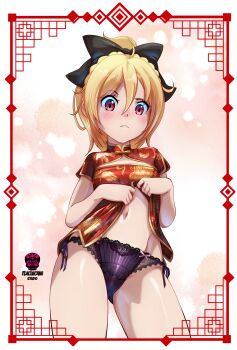 1girl absurdres alternate_costume artist_logo artist_name black_bow black_panties blonde_hair blush bow breasts china_dress chinese_clothes cleavage_cutout closed_mouth clothes_lift clothing_cutout cowboy_shot dress dress_lift embarrassed eyelashes felt_(re:zero) female_focus from_below hair_bow highres lifting_own_clothes logo loli looking_at_viewer looking_down navel panties ponytail re:zero_kara_hajimeru_isekai_seikatsu red_dress red_eyes short_hair short_sleeves side-tie_panties small_breasts solo tlacuicani two-tone_dress underwear yellow_dress