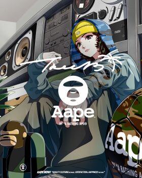 1girl a_bathing_ape aldo_(a_bathing_ape) ball beanie blue_hoodie blue_jacket camouflage camouflage_hoodie commentary copyright_name english_commentary english_text figure grey_eyes grey_shorts hat head_tilt headphones headphones_around_neck highres hood hood_up hoodie jacket logo looking_at_viewer mole mole_under_eye official_art pink_lips shoes shorts sitting soccer_ball solo speaker streetwear tree_13 white_shoes yellow_hat