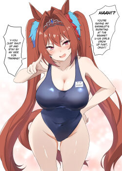 1girl absurdres animal_ears antenna_hair blue_one-piece_swimsuit blush breasts brown_hair cleavage collarbone competition_school_swimsuit covered_navel daiwa_scarlet_(umamusume) english_text fang hair_between_eyes hair_intakes hand_on_own_hip hard-translated highleg highleg_one-piece_swimsuit highres horse_ears horse_girl horse_tail huge_breasts long_hair looking_at_viewer name_tag one-piece_swimsuit open_mouth pointing pointing_at_viewer red_eyes saku_(kudrove) school_swimsuit second-party_source sideboob skin_fang solo speech_bubble sweatdrop swimsuit tail thighs third-party_edit tiara translated twintails umamusume very_long_hair