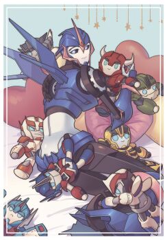 1girl arcee arcee_(prime) blue_eyes bulkhead bumblebee_(transformers) cliffjumper helmet highres holding holding_stuffed_toy horns humanoid_robot jijing5658 mechanical_wings no_humans optimus_prime ratchet_(transformers) robot robot_girl science_fiction smokescreen_(transformers) stuffed_toy transformers transformers_prime ultra_magnus wheeljack wings