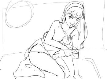 amagi_yukiko bed bed_sheet breasts hairband kneeling long_hair looking_at_viewer medium_breasts nipples nude persona persona_4 shin_megami_tensei sketch straight_bangs straight_hair sunbeam_(artist) unfinished