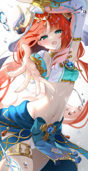 1girl absurdres aqua_eyes arm_up armpits blue_gemstone blush breasts brooch circlet dancer detached_sleeves fake_horns gem genshin_impact gold_trim harem_outfit highres horns jewelry long_hair long_sleeves looking_at_viewer madai_(mappy) navel neck_ring nilou_(genshin_impact) outstretched_arm puffy_long_sleeves puffy_sleeves red_hair skirt smile solo thighlet twintails veil white_headdress white_veil