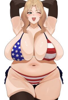 1girl american_flag american_flag_bikini american_flag_print armpits arms_behind_head bikini black_gloves black_thighhighs blonde_hair blush breasts cameltoe cleavage curvy elbow_gloves flag_print flag_print_bikini girls_und_panzer gloves green_eyes huge_breasts kay_(girls_und_panzer) long_hair navel nohohon_pictures one_eye_closed open_mouth plump print_bikini side-tie_bikini_bottom skindentation smile solo standing swimsuit thick_thighs thighhighs thighs wavy_hair white_background wink