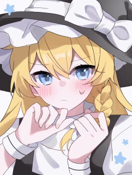 1girl absurdres black_hat blonde_hair blue_eyes blush bow breasts closed_mouth commentary_request double-parted_bangs frown hair_bow hands_up hat hat_bow hat_ribbon hidukihumi highres kirisame_marisa long_hair portrait ribbon sideboob solo star_(symbol) sweatdrop touhou white_bow white_ribbon white_wrist_cuffs wrist_cuffs