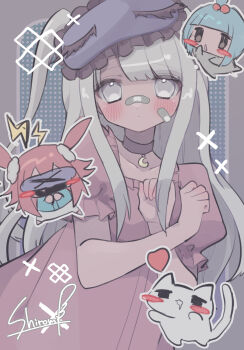 1girl 463_e bandaid bandaid_on_cheek bandaid_on_face bandaid_on_nose black_choker chemise chibi chibi_inset choker commentary_request crescent crescent_necklace dress frilled_dress frills heart highres jewelry long_hair long_sidelocks looking_at_viewer mask mask_on_head necklace one_side_up original parted_bangs pink_chemise puffy_short_sleeves puffy_sleeves short_sleeves sidelocks sleep_mask sleepwear upper_body white_eyes white_hair x_(symbol) x_arms