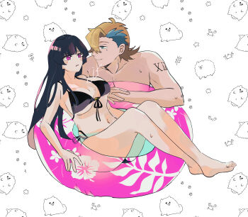 1boy 1girl absurdres ash_phoenix bikini black_hair blue_eyes breasts cleavage code_geass code_geass:_dakkan_no_roze hetero highres large_breasts long_hair navel purple_eyes sumeragi_sakuya swimsuit underboob