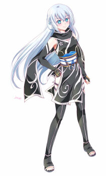 1girl aged_down arm_guards artist_name bare_shoulders black_scarf blue_eyes breasts bridal_gauntlets closed_mouth crossed_bangs double-parted_bangs eiyuu_densetsu fingerless_gloves floating_hair floating_scarf full_body gloves hair_between_eyes half_updo hand_on_own_hip kuro_no_kiseki_(series) long_hair looking_at_viewer sandals scarf shizuna_rem_misurugi simple_background small_breasts smile solo tachi-e white_background white_hair xiacheng_tatsuya