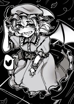 Rule 34 | 1girl, bat wings, blush, commentary, commission, dress, from above, full body, greyscale, hand on headwear, hat, hat ribbon, hayoibu, heart, highres, leaf, mob cap, monochrome, pointy ears, remilia scarlet, ribbon, sharp teeth, short hair, short sleeves, solo, spoken heart, standing, teeth, touhou, wings, wrist cuffs