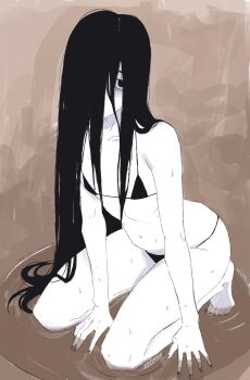 1girl bikini black_bikini black_nails colored_skin commentary english_commentary flat_chest full_body hair_over_one_eye highres kneeling long_hair micro_bikini nail_polish navel ripples signature solo swimsuit the_ring toenail_polish toenails very_long_hair virtuware wading white_skin yamamura_sadako