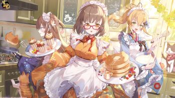 3girls :o absurdres animal_print apron artist_request blue_kimono breasts brown_hair cat cat_print character_request clothing_request commentary_request cooking cupcake day food frilled_apron frills glasses highres indoors japanese_clothes kimono mahjong_soul maid maid_headdress medium_breasts multiple_girls official_art orange_kimono pancake plate red-framed_eyewear red_ribbon ribbon smile waitress yellow_eyes yukata