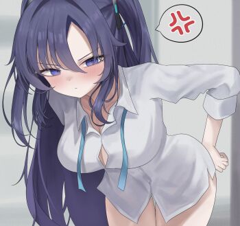 1girl anger_vein annoyed black_skirt blue_archive blue_ribbon blurry blurry_background blush breasts button_gap collarbone collared_shirt commentary_request hair_ornament highres indoors long_hair looking_at_viewer non_non427 purple_eyes purple_hair ribbon shirt skirt speech_bubble three-quarter_sleeves untied_ribbon white_shirt yuuka_(blue_archive)