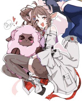 1girl ahoge animal_ears ardelia_(arknights) arknights arknights:_endfield bare_shoulders black_thighhighs boots commentary_request eyjafjalla_(arknights) high_heel_boots high_heels highres holding horns open_mouth orange_eyes sheep sheep_ears sheep_girl sheep_horns side_ponytail simple_background solo thighhighs uni_gyoza white_background