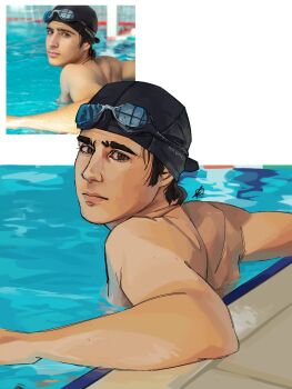 1boy atmisuki black_hair brown_eyes closed_mouth commentary formula_3 goggles goggles_on_headwear highres lips looking_at_viewer male_focus nose partially_submerged photo-referenced photo_inset pool rafael_camara real_life realistic reference_inset short_hair solo_focus swim_cap swim_goggles water