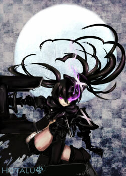 armor black_hair black_rock_shooter black_shorts commentary_request fire flaming_eye gauntlets glowing glowing_eyes greaves hotaluw huge_weapon insane_black_rock_shooter long_hair moon purple_eyes purple_fire rock_cannon shorts star_(symbol) stitches twintails uneven_twintails weapon