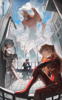 Rule 34 | 1boy, 2girls, ayanami rei, black hair, blue bodysuit, blue eyes, blue hair, blue sky, bodysuit, breasts, brown hair, building, city, closed eyes, closed mouth, cloud, cloudy sky, commentary, cumulonimbus cloud, day, elbow rest, eva 02, evangelion (mecha), extra eyes, green eyes, hair between eyes, hairpods, head rest, highres, ikari shinji, interface headset (evangelion), lamppost, long hair, looking at viewer, mecha, mecha pilot suit, medium breasts, multicolored bodysuit, multiple girls, neon genesis evangelion, outdoors, plugsuit (evangelion), railing, red bodysuit, robot, science fiction, shitakara4, short hair, sitting, skin tight, sky, skyscraper, smile, souryuu asuka langley, standing, super robot, twitter username, two-tone bodysuit, white bodysuit