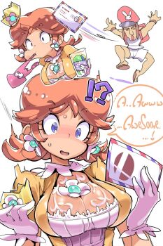 !? 1boy 1girl bag blue_eyes breasts chris_(mario) crown daisy_(flower) dress earrings english_text flower flower_ornament gloves hat highres inkling jewelry large_breasts letter mailbox_(incoming_mail) mario_(series) mini_crown nintendo open_mouth postage_stamp postman_(zelda) princess_daisy puffy_short_sleeves puffy_sleeves short_sleeves smash_invitation solo_focus speech_bubble splatoon_(series) super_mario_land super_smash_bros. sweatdrop text_focus throwing white_gloves wide-eyed