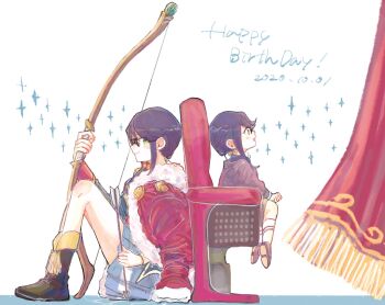 Rule 34 | 2girls, :d, age comparison, aged down, ankle boots, arrow (projectile), bad id, bad twitter id, bell, black-framed eyewear, blue jacket, blue skirt, blush, boots, bow (weapon), brown boots, brown shoes, clenched hand, closed mouth, collared shirt, commentary request, curtains, dated, double horizontal stripe, english text, epaulettes, fingernails, flipped bangs, from side, fur-trimmed jacket, fur trim, gem, glasses, green eyes, green gem, hair bell, hair ornament, hand up, happy birthday, highres, holding, holding arrow, holding bow (weapon), holding weapon, hoshimi junna, jacket, jacket on shoulders, kneehighs, knees up, light smile, long hair, long sleeves, looking ahead, looking at viewer, looking to the side, looking up, low side ponytail, miniskirt, multiple girls, on floor, open mouth, pleated skirt, profile, purple hair, purple sweater, red jacket, shirt, shoes, shoujo kageki revue starlight, sidelocks, sideways glance, single horizontal stripe, sitting, skirt, smile, socks, sparkle, stage curtains, star (symbol), striped clothes, striped skirt, striped socks, sweater, tachibana (wakasaji), tassel, theater seating, v arms, weapon, white background, white shirt, white socks, yellow trim