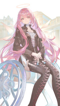 1girl absurdres arknights black_dress black_jacket boots breasts cleavage closed_mouth collarbone cropped_jacket cross-laced_clothes detached_wings dress energy_wings feet_out_of_frame halo highres jacket lace-up_boots lemuen_(arknights) long_hair long_sleeves looking_at_viewer open_clothes open_jacket own_hands_together pink_eyes pink_hair puranetto_(vjun4748) short_dress sitting small_breasts smile solo thigh_boots very_long_hair wheelchair wings zipper