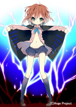 1girl ahoge androgynous ange_vierge black_cape black_socks blue_shorts blush breasts brown_hair brown_shorts cape closed_mouth electricity furrowed_brow green_eyes groin highres kiyokawa_saki kneehighs knife loafers looking_at_viewer messy_hair nakamura_sandayo navel open_clothes open_shirt outstretched_arms puffy_shorts serious shoes short_shorts shorts small_breasts socks solo t-pose throwing_knife unbuttoned unbuttoned_shirt weapon