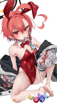 1girl absurdres ahoge animal_ear_hairband animal_ears ball bandaid bandaid_on_foot bandaid_on_knee bandaid_on_leg belicontu billiard_ball black_jacket black_nails blue_archive blush bow bowtie braid covered_navel cue_stick detached_collar earrings fake_animal_ears feet_together flat_chest floral_print floral_print_jacket hair_ornament hair_tie hairband halo highres holding holding_cue_stick huge_ahoge jacket jewelry leotard leotard_peel mole mole_under_each_eye mole_under_eye multiple_moles neru_(blue_archive) neru_(bunny)_(blue_archive) off-shoulder_jacket off_shoulder open_clothes open_jacket orange_hair playboy_bunny rabbit_ear_hairband rabbit_ears red_eyes red_hairband red_leotard short_hair side_braid sitting solo spread_legs sukajan tongue tongue_out white_background