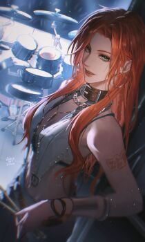 1girl collar cowboy_shot drum drum_set drumsticks green_eyes highres holding holding_drumsticks instrument jewelry korryn_(path_to_nowhere) linceyang long_hair looking_at_viewer orange_hair path_to_nowhere smile solo standing