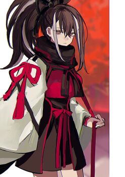 1girl black_eyes black_hair breasts fate/grand_order fate_(series) highres japanese_clothes k_7s kawakami_gensai_(fate) kawakami_gensai_(first_ascension)_(fate) long_hair long_sleeves looking_at_viewer medium_breasts multicolored_hair ponytail solo white_hair