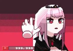 1girl animated bottle breasts cup disembodied_hand drinking_glass headpat hololive hololive_english long_hair mori_calliope mori_calliope_(1st_costume) pink_eyes pink_hair pixel_art ronin_(zeth_total) scythe solo spikes tiara video virtual_youtuber wine_bottle wine_glass