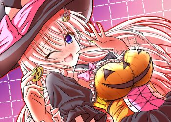 1girl 9-nine- ;d alternate_costume black_dress black_hat blue_eyes blush bow bowtie breasts brown_hair candy_hair_ornament commentary cookie crescent crescent_hair_ornament dress dutch_angle eyelashes eyes_visible_through_hair fang floating_hair food food-themed_hair_ornament frilled_sleeves frills furrowed_brow gradient_background hair_between_eyes hair_ornament halloween hand_up hands_up happy hat hat_ribbon highres holding holding_food jack-o&#039;-lantern jack-o&#039;-lantern_hair_ornament jack-o&#039;-lantern_print kujou_miyako large_breasts long_hair looking_at_viewer nail_polish nineball0211 nose_blush one_eye_closed open_mouth orange_dress outline pink_background pink_bow pink_bowtie pink_ribbon print_dress puffy_short_sleeves puffy_sleeves purple_background red_outline ribbon short_sleeves simple_background smile solo two-tone_dress upper_body very_long_hair witch witch_hat yellow_nails