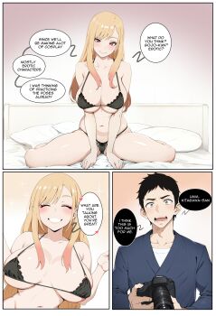 Rule 34 | 1boy, 1girl, absurdres, ass, bikini, black bikini, black hair, blonde hair, blush, breasts, breasts apart, breasts squeezed together, cameltoe, camera, cleavage, closed mouth, collarbone, comic, curvy, ear piercing, earrings, embarrassed, english text, gojou wakana, gradient hair, grey eyes, hair over shoulder, happy, head tilt, heart, highres, indoors, japanese clothes, jewelry, kisou (kisou00), kitagawa marin, large breasts, long hair, looking at viewer, multicolored hair, navel, on bed, open mouth, piercing, pink eyes, pink hair, samue, shiny skin, short hair, sidelocks, sitting, skindentation, smile, sono bisque doll wa koi wo suru, speech bubble, spread legs, streaked hair, swimsuit, thick thighs, thighs, two-tone hair, wide hips