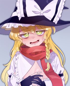 1girl bags_under_eyes black_gloves black_hat blonde_hair blush bow braid breasts cleavage commentary cookie_(touhou) freckles gloves green_eyes hair_between_eyes hair_bow hat highres kakuyo_kun kirisame_marisa large_breasts long_hair looking_at_viewer mars_(cookie) open_mouth partially_fingerless_gloves red_scarf scarf side_braid simple_background single_braid smile solo touhou upper_body witch_hat