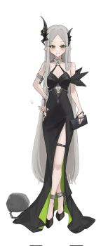 1girl alternate_costume black_dress black_horns charlote_fee dress evening_gown forehead goddess_of_victory:_nikke green_eyes grey_hair highres horns leviathan_(nikke) long_hair simple_background solo thigh_strap white_background