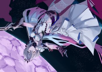 1girl breasts clothing_cutout detached_sleeves dress flower frills gradient_hair hashtag-only_commentary highres holding holding_weapon honkai_(series) honkai_impact_3rd kiana_kaslana kiana_kaslana_(herrscher_of_finality) long_hair moon multicolored_hair one_eye_closed purple_hands space sparkling_eyes strap tiara un_sosp1ro very_long_hair weapon white_hair