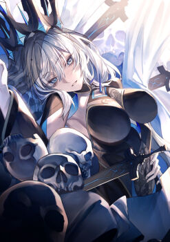 1girl black_bow black_dress blue_eyes blue_lips blush bow braid breasts cleavage clothing_cutout crown dress fate/grand_order fate_(series) grey_hair hair_bow half_up_braid highres horns large_breasts long_hair long_sleeves looking_at_viewer morgan_le_fay_(fate) pointed_crown ponytail sidelocks skull smile solo stomach_cutout sword two-tone_dress very_long_hair weapon yangsan_(2991076090)