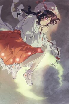 Rule 34 | 1girl, beret, black hair, bobby socks, branch, commentary request, detached sleeves, fetal position, flats, frilled skirt, frills, hat, highres, japanese clothes, kaigen 1025, kimono, long sleeves, moonlight's anti-soul (touhou), parted lips, portrait of exotic girls, purple eyes, red skirt, ribbon-trimmed sleeves, ribbon trim, shoes, skirt, socks, solo, touhou, trigram, white hat, white kimono, white shoes, white socks, wide sleeves